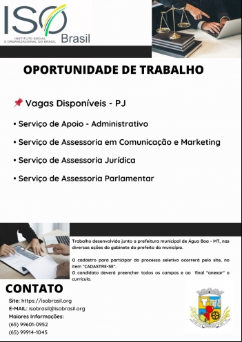 OPORTUNIDADE DE TRABALHO - Água Boa - MT