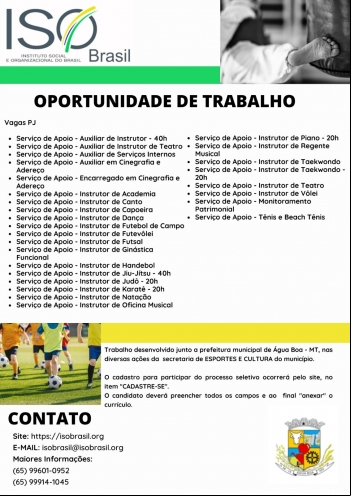 OPORTUNIDADE DE TRABALHO - Água Boa - MT